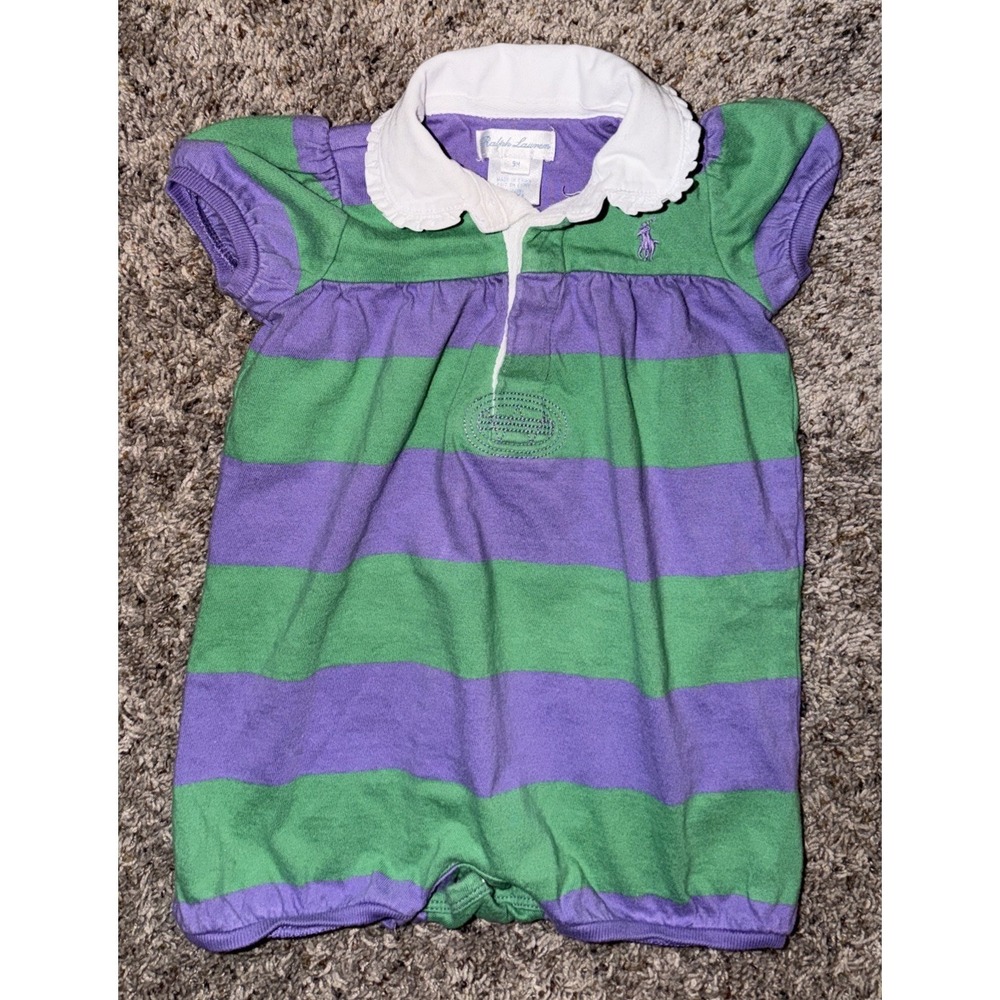 Ralph‎ Lauren Outfit Romper Layette Purple Green Striped One piece Pony Logo 9M